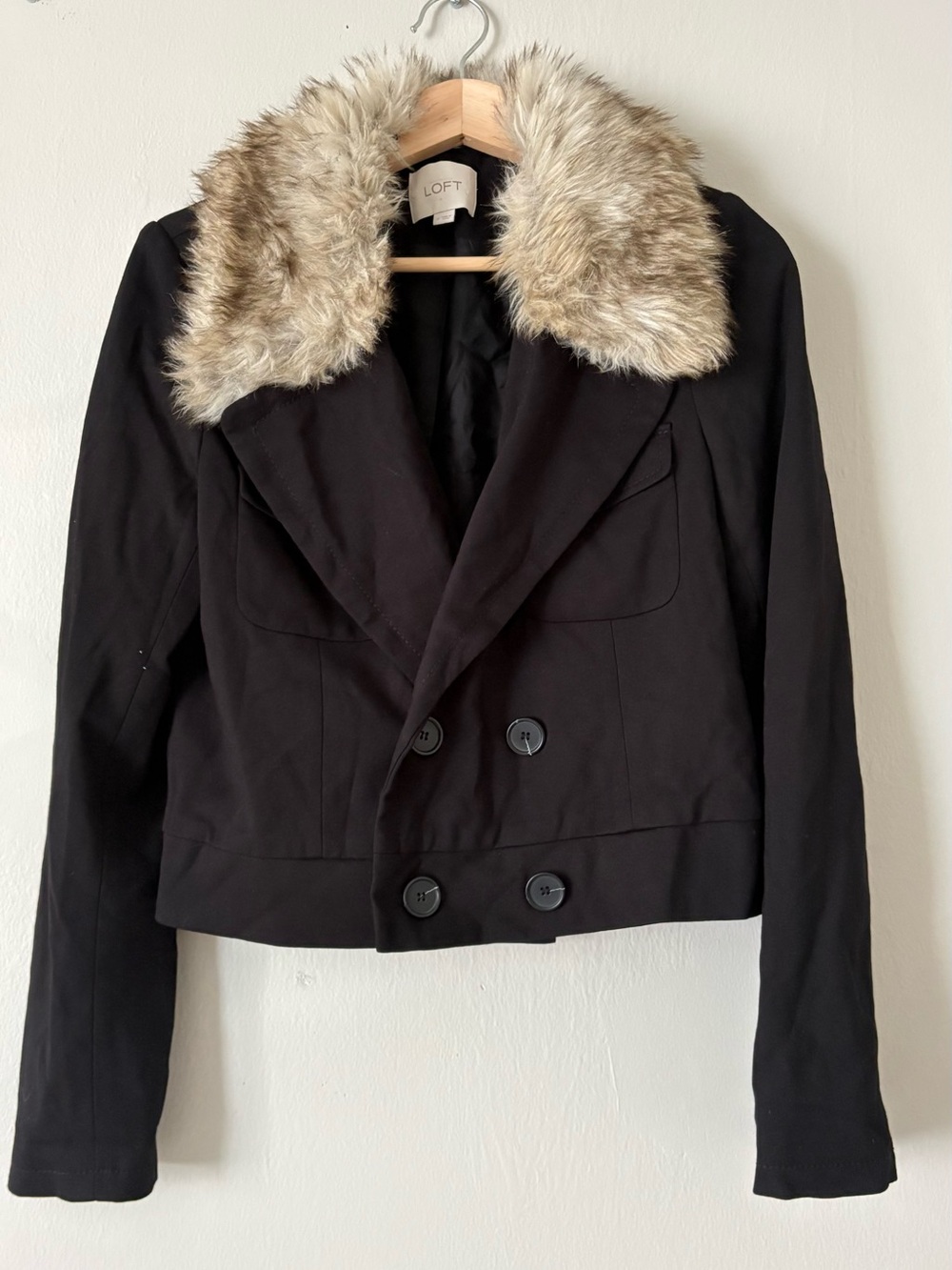 LOFT Black Cropped Pea Coat with Faux Fur Collar